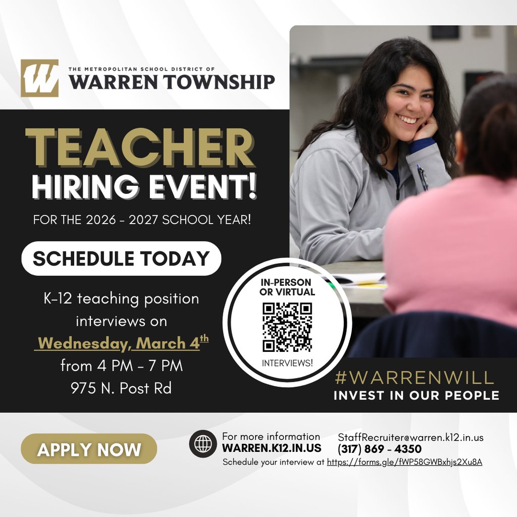 MSD Warren Township is hosting our annual Teacher Hiring Fair on Wednesday, March 4, from 4–7 PM! Join us for in-person or virtual interviews for current openings and 2026–2027 opportunities.