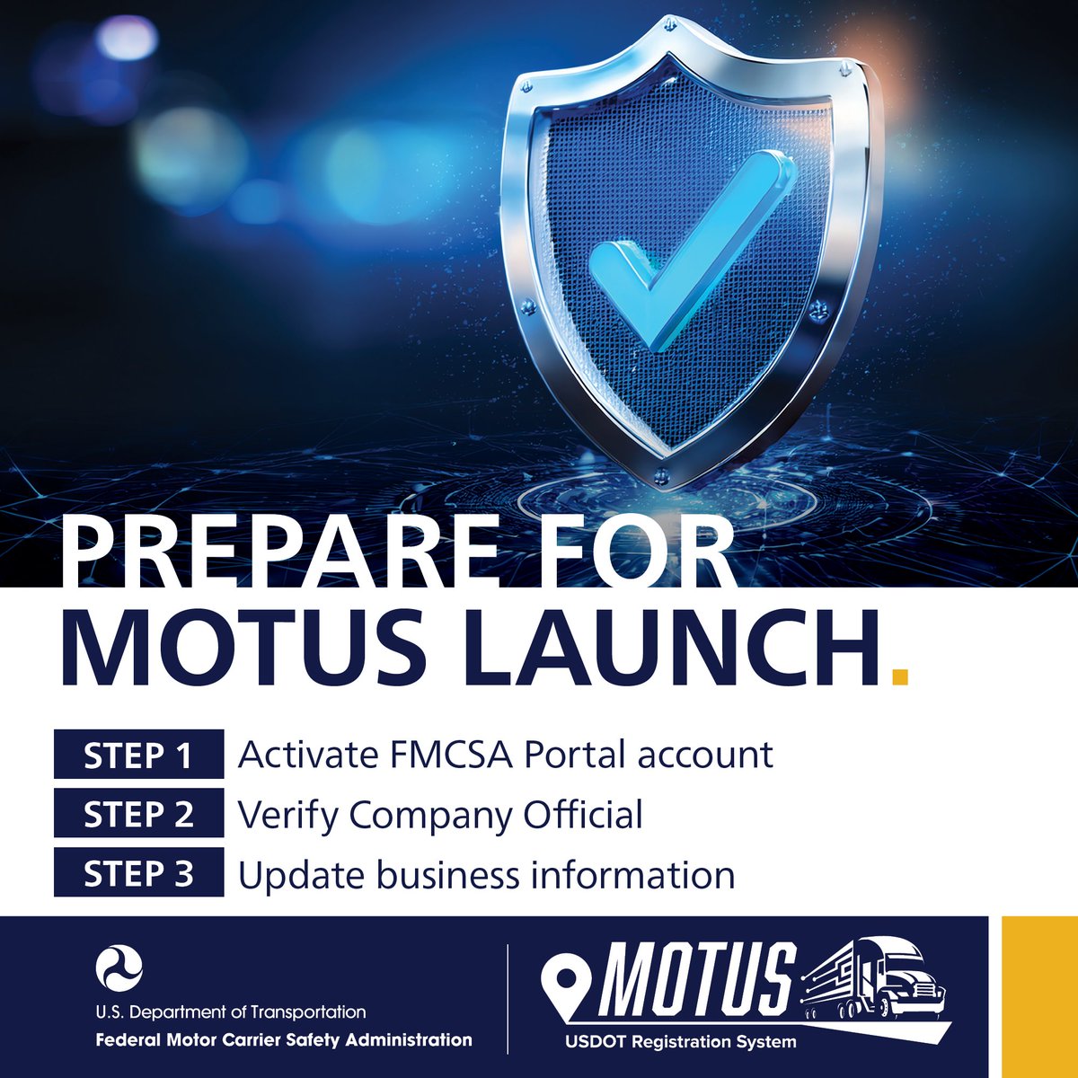 FMCSA's tweet image. FMCSA’s new registration system is coming to all users in 2026! Motor carriers can get ready now in the FMCSA Portal to help ensure a smooth transition—keeping your registration on track and your business moving 🚛 
Learn more: fmcsa.dot.gov/registration/w…