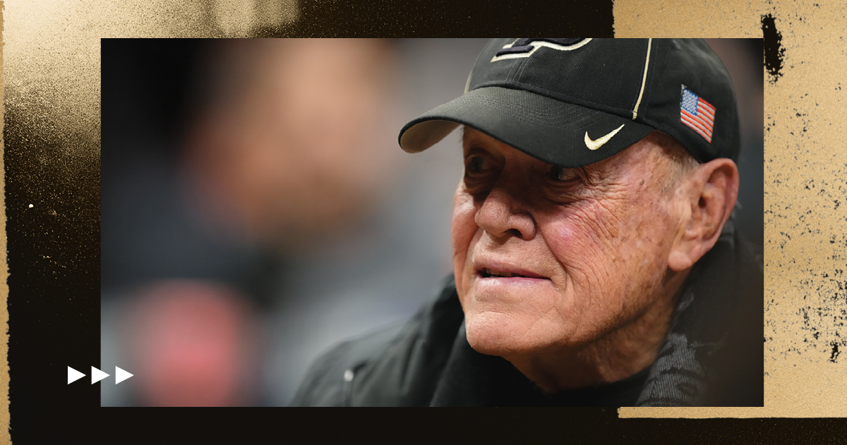 LifeAtPurdue's tweet photo. How much do you know about Hall of Famer Gene Keady, who coached at Purdue for 25 years? 

🏀 He was named Big Ten Coach of the Year seven times. 
🏅 Guided Team USA to gold at the Olympics 
👀 Drafted into the NFL 

Get loud for today’s @BoilerBall game on Keady Court! https://t.co/QwMOc6FRkD