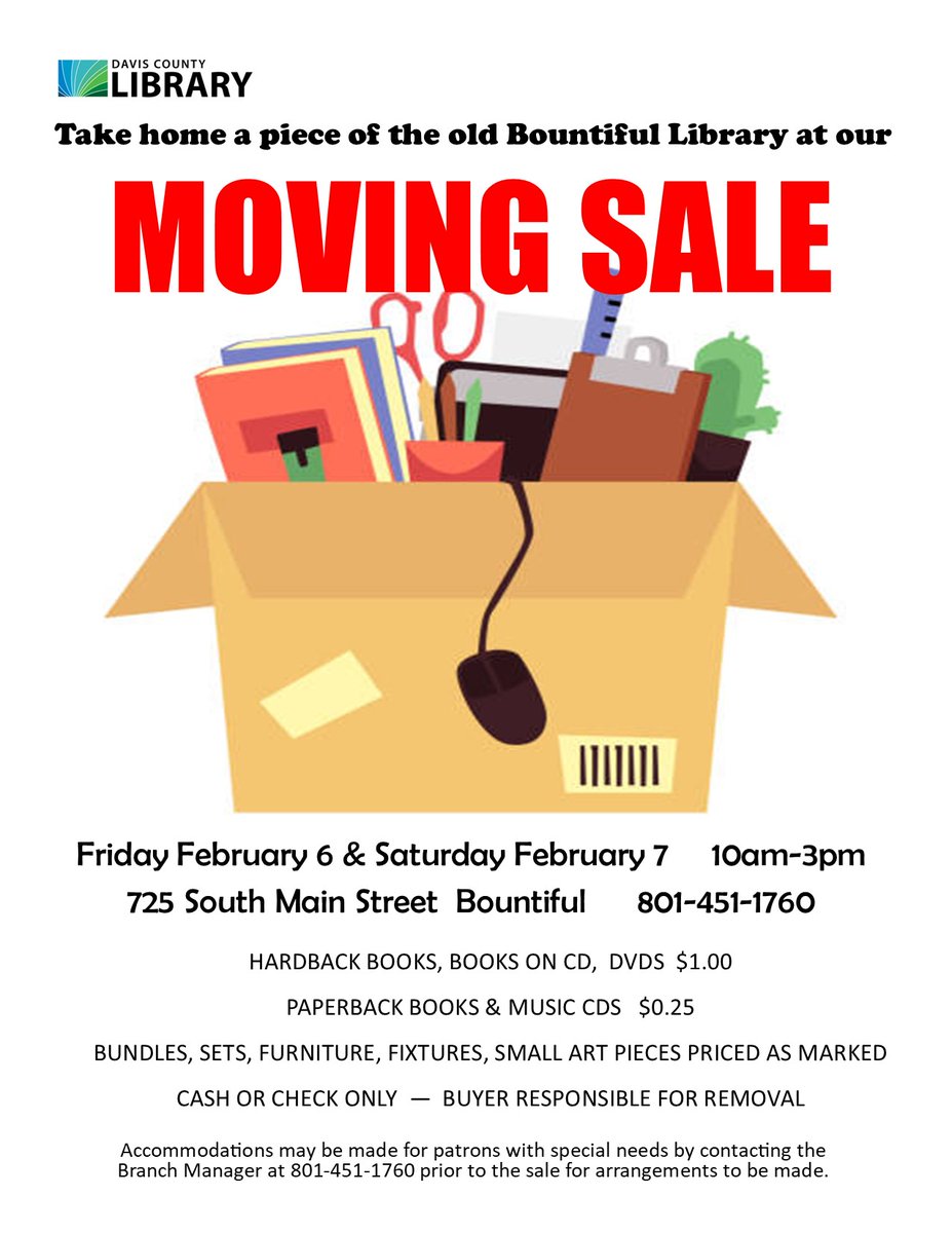 Your last chance to grab a book or two at bargain prices at our Bountiful Branch and possibly something from the branch itself at the last day of the moving sale.  Today from 10 am to 3 pm.