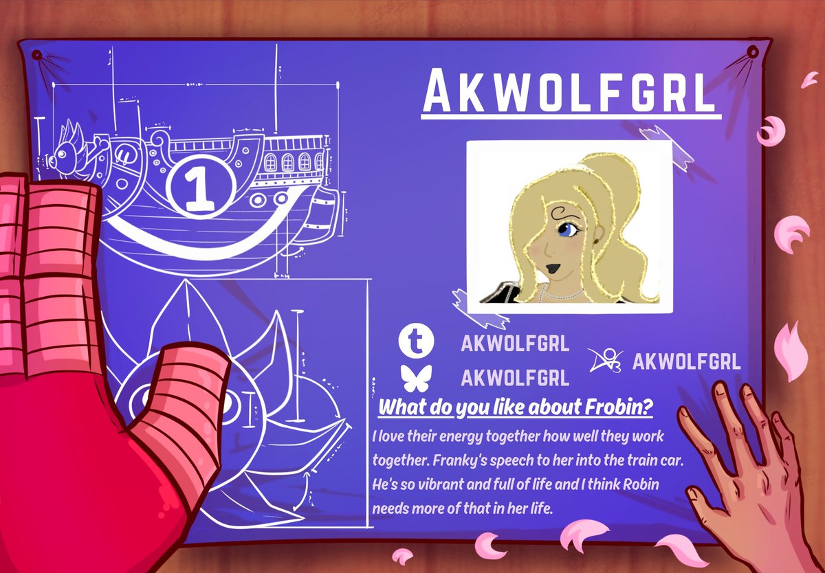 ☀️🦁 Straight from the Sunny's Workshop!

Akwolfgrl loves FroBin's energy and how well they synergize! They believe that Franky is the life that Robin needs more of in her life!

🌸 Look forward to their work on this SUPER FroBin zine! ⭐

#onepiece #fanzine #frobin