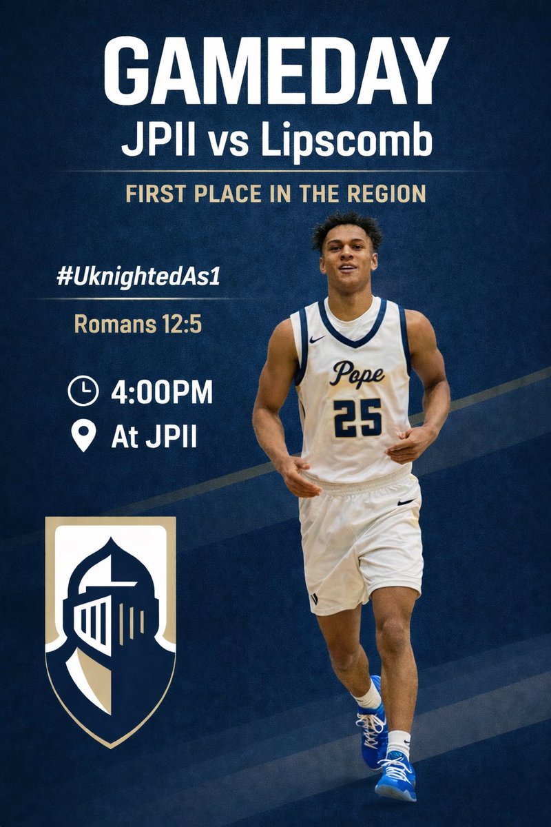 JPIImbb's tweet photo. GAMEDAY.
First place in the region is on the line. A big time game today between two of the best teams in the State (Round 2).
π JPII vs Lipscomb
π 4:00 PM
π At JPII
UknightedAs1
Romans 12:5
#DivIIAAMiddle #Heavyweightfight #JPIIBasketball #RegionBattle https://t.co/OdKO8ME4by