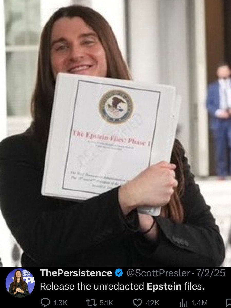 goddek's tweet photo. One year ago, @ScottPresler proudly posed with “The Epstein Files: Phase 1” binder.

One week ago, three million files were released, and he’s said absolutely NOTHING.

His last mention of the Epstein files was SEVEN MONTH AGO.

So why the silence now? What do they have on him? https://t.co/Jba9bbjyum