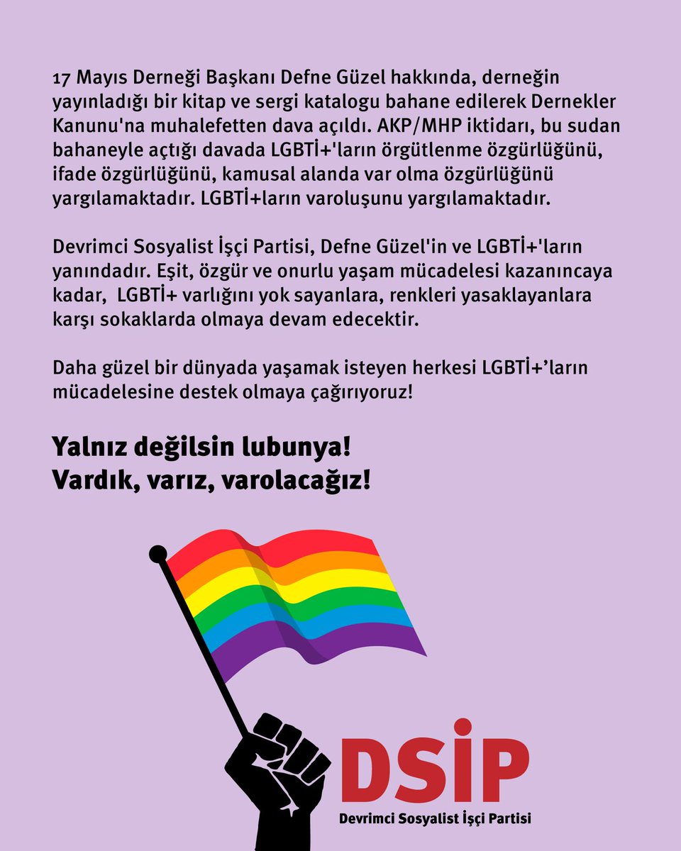 dsip___'s tweet image. Daha güzel bir dünyada yaşamak isteyen herkesi LGBTİ+’ların mücadelesine destek olmaya çağırıyoruz!

Yalnız değilsin lubunya!
Vardık, varız, varolacağız!