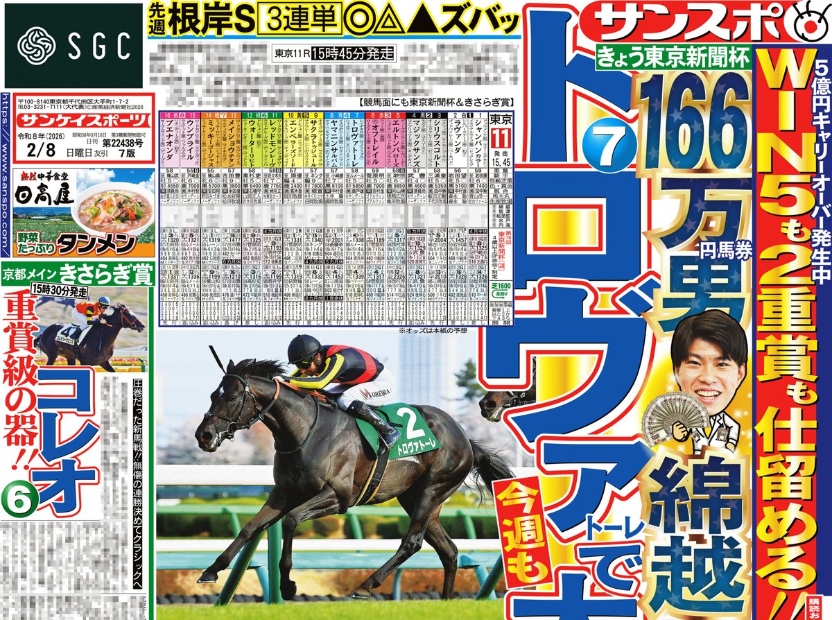 8日付📰サンスポ1面 【166万円馬券男の本命馬は？？】 2月1日の