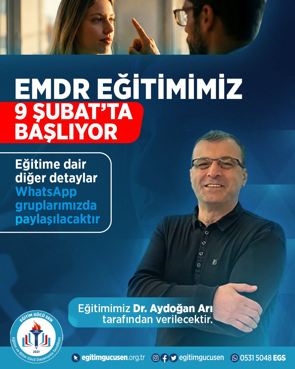 EMDR EĞİTİMİMİZ 9 ŞUBATTA BAŞLIYOR! 

Eğitimimiz Dr Aydoğan ARI tarafından verilecektir. Eğitime dair diğer detaylar whatsapp gruplarımızda paylaşılacaktır.

Eğitim ve gelişim yolculuğunda, üyelerimizin her zaman yanında olmaya devam ediyoruz.