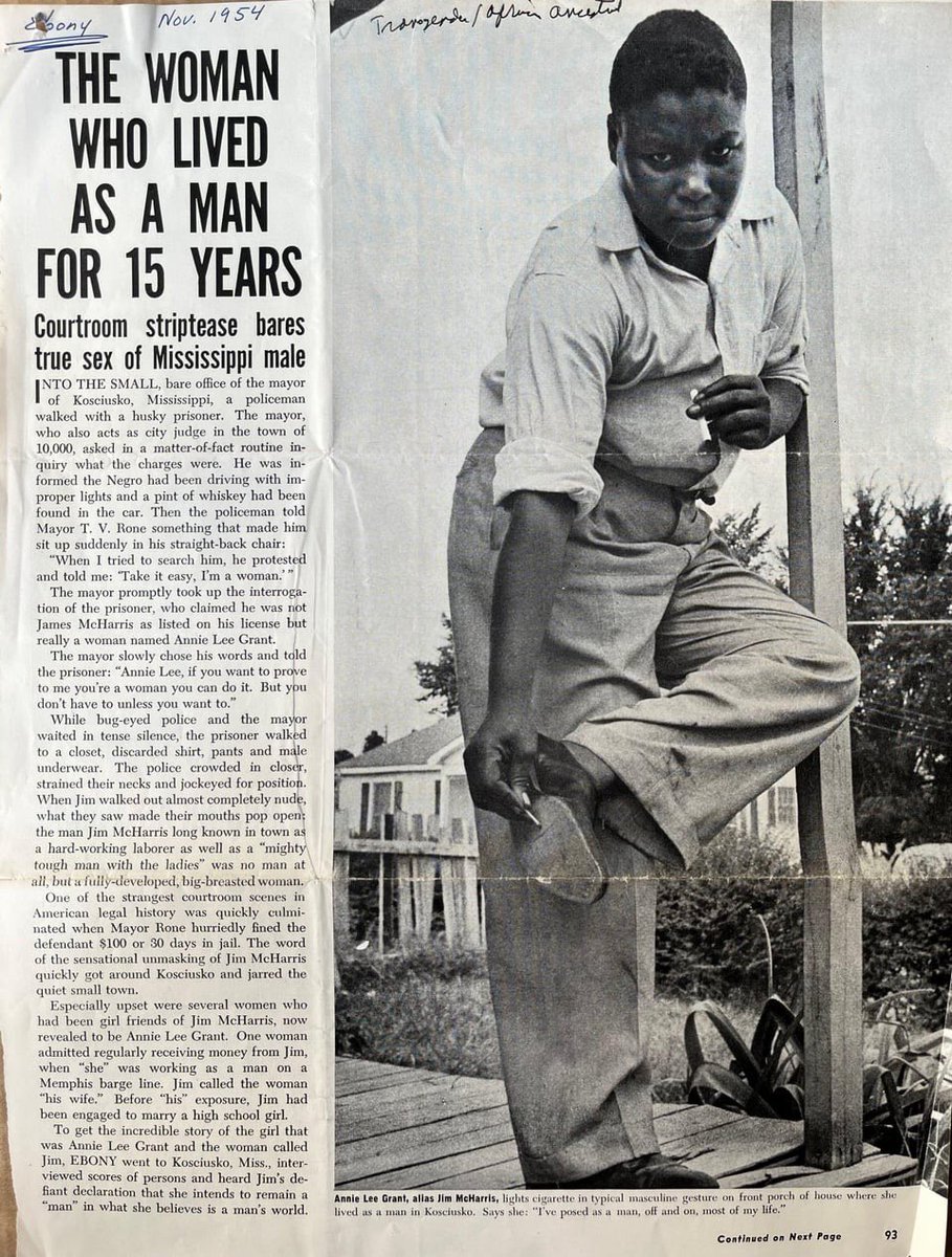 zavanchy's tweet image. Since it’s Black History Month, I wanna share the story of James “Jim” McHarris — a Black trans man whose life was profiled in EBONY (Nov. 1954). 

His story is messy, human, and a reminder that trans history isn’t new.