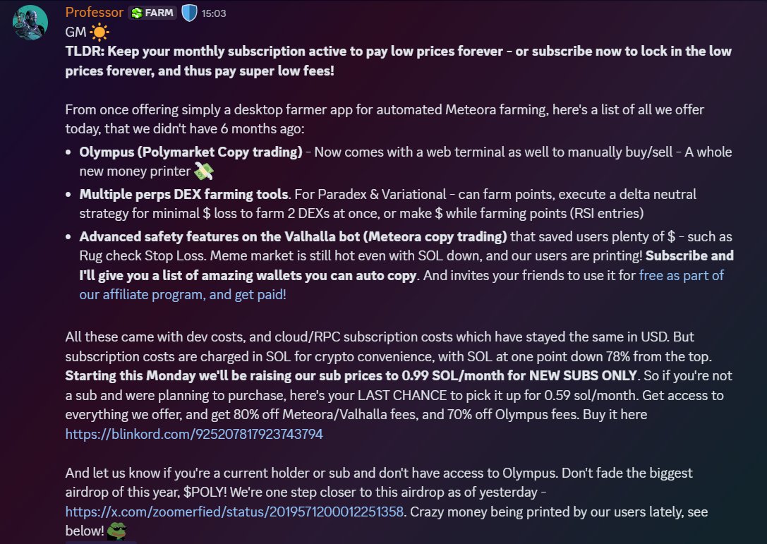 SOL_Decoder's tweet image. Gm ☀️ 

With more tools being offered now and sol prices tanking drastically, our sub prices are to go up soon, starting this Monday.  More details in the screenshot linked below

HOWEVER, there's a catch!
The price adjustments won't be affecting our existing users. They will…