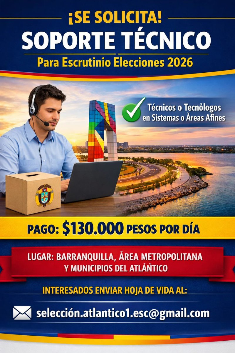 B0rrero's tweet photo. 📢 ¡VACANTE DISPONIBLE! – SOPORTE TÉCNICO 💻⚙️

Buscamos Soporte Técnico para apoyar los procesos electorales en
📍 Barranquilla

📅 Disponibilidad completa para capacitaciones pagas desde el 10 de febrero. https://t.co/3T0Kv3Ycc3