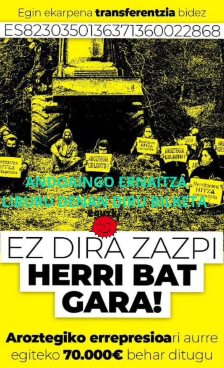 Aroztegiko obra gelditzeagatik auziperatuei ezarri zaien zigor ekonomikoan laguntzeko, Andoaingo Eguzkik diru bilketa egingo du Ernaitza liburu dendan. Hilabete amaieran jasoko dugu batutakoa eta auziperatuei emango diegu.
Egin zure ekarpena!