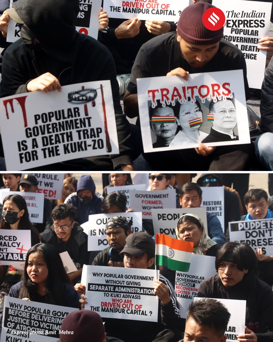 Members of the Kuki Students Organisation Delhi &amp; NCR protest at Jantar Mantar, demanding justice, rehabilitation and accountability for victims of ethnic violence in Manipur, and calling for Kuki-Zo MLAs’ involvement in government formation only after these demands are met.