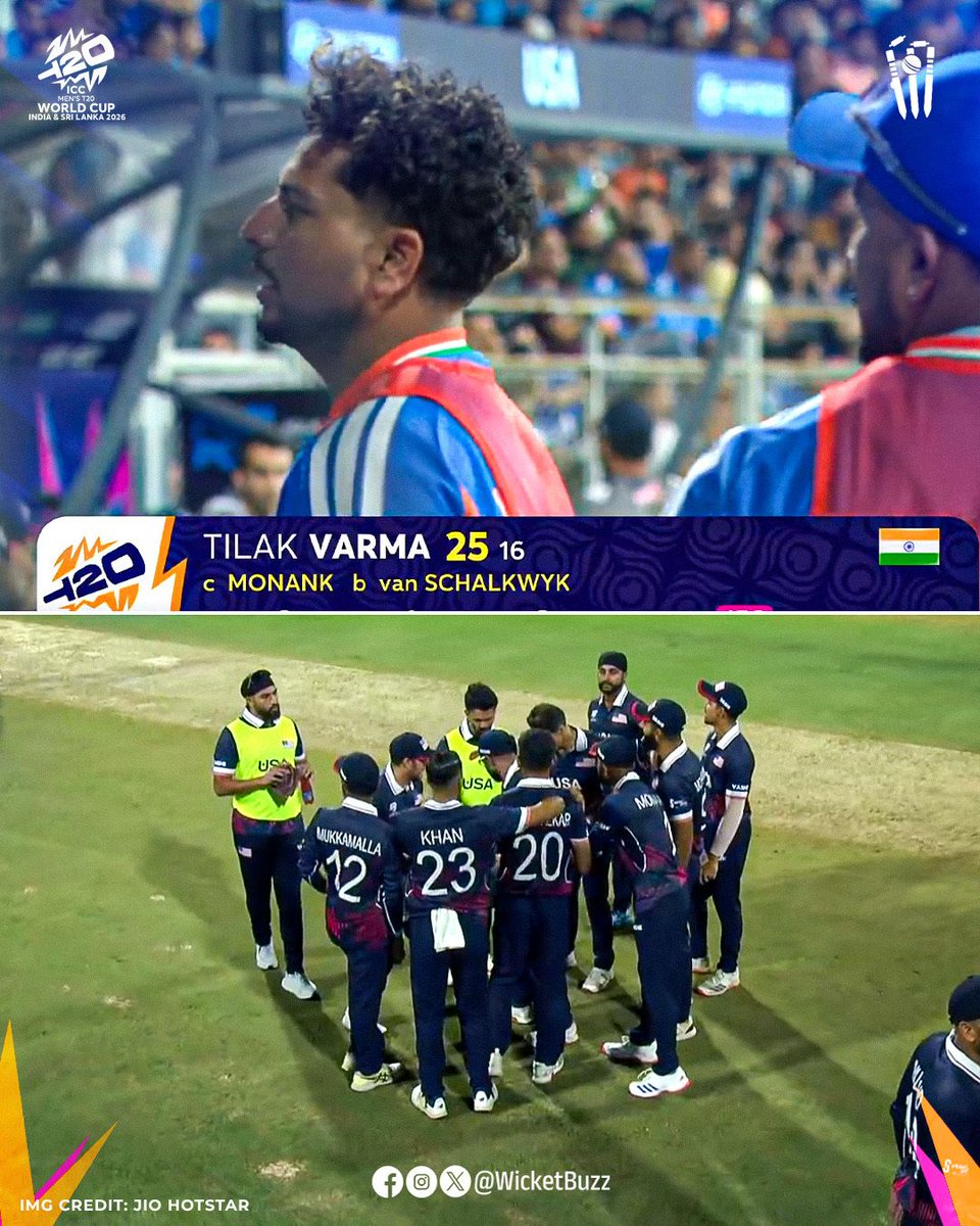 wicketbuzz's tweet photo. GONE! 25(16) ☝️ 

Van Schalkwyk strikes and he is PUMPED! 😤 Tilak Varma has to walk back. 
Pressure mounting on the Men in Blue! 💙🛑

📸: Jio Hotstar #IndVsUSA #T20WC2026 #WicketAlert #CricketFever https://t.co/oAt3Kcfy0G