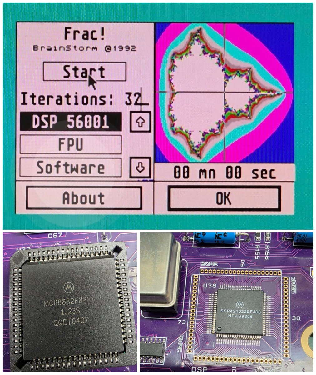 Good old Mandelbrot Fractal program proves FPU and on board DSP work like a charm with the latter performing this task 3 times faster than MC68882. 🔥👌🏽🎉