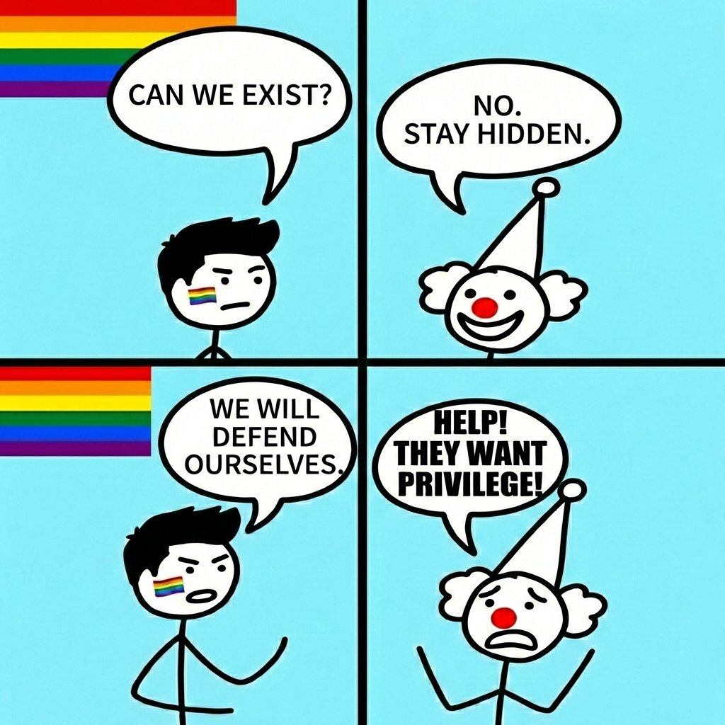 《特权》
“🌈我们可以存在吗？”  
“🤡不可以，不要出现。”  
“🌈那我们要自卫了。” 
“🤡救命！他们想要特权！”
#Privilege #LGBT #Equity
