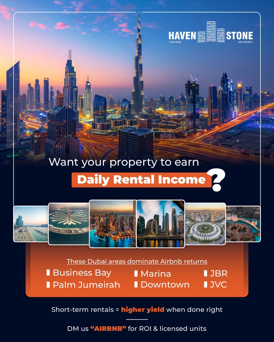 HavenstonePLLC's tweet photo. Your Dubai property can earn daily rental income 💰

Short-term rentals deliver higher yields — when done right.

📍 Top Airbnb-performing areas:
Business Bay | Marina | Downtown | Palm Jumeirah | JBR | JVC

#DubaiRealEstate 
#AirbnbDubai https://t.co/mia48dGop8