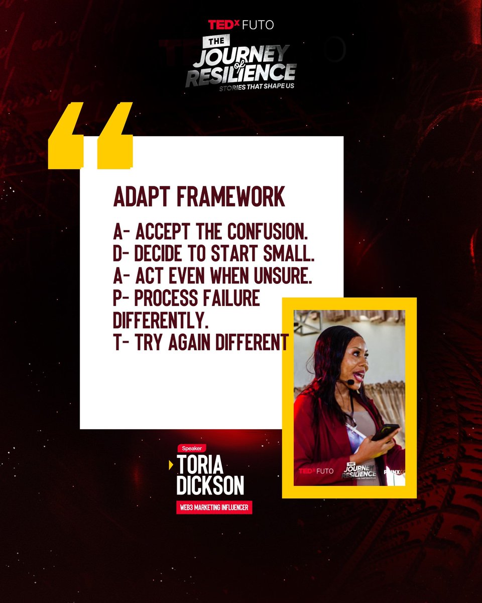 Resilience isn’t about being perfect at all; it’s about moving forward, even when nothing makes sense.
Toria Dickson shared her blueprint for growth at TEDxFUTO.🤭✨

#TEDxFUTOisLive
#TEDxFUTO
#TheJourneyOfResilience
#TheStoriesThatShapeUs