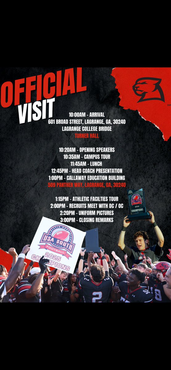 Got another early one today but can’t wait to be in Georgia at Lagrange College today for an official visit!!!!
<a href="/HallTechSports1/">Hall-Tech Sports</a> 
<a href="/CoachChuckEhret/">Chuck Ehret</a> 
<a href="/CoachWMD/">Wes Dodson</a> 
<a href="/PrepRedzoneAL/">Prep Redzone Alabama</a> 
<a href="/One11Recruiting/">One11 Recruiting</a>