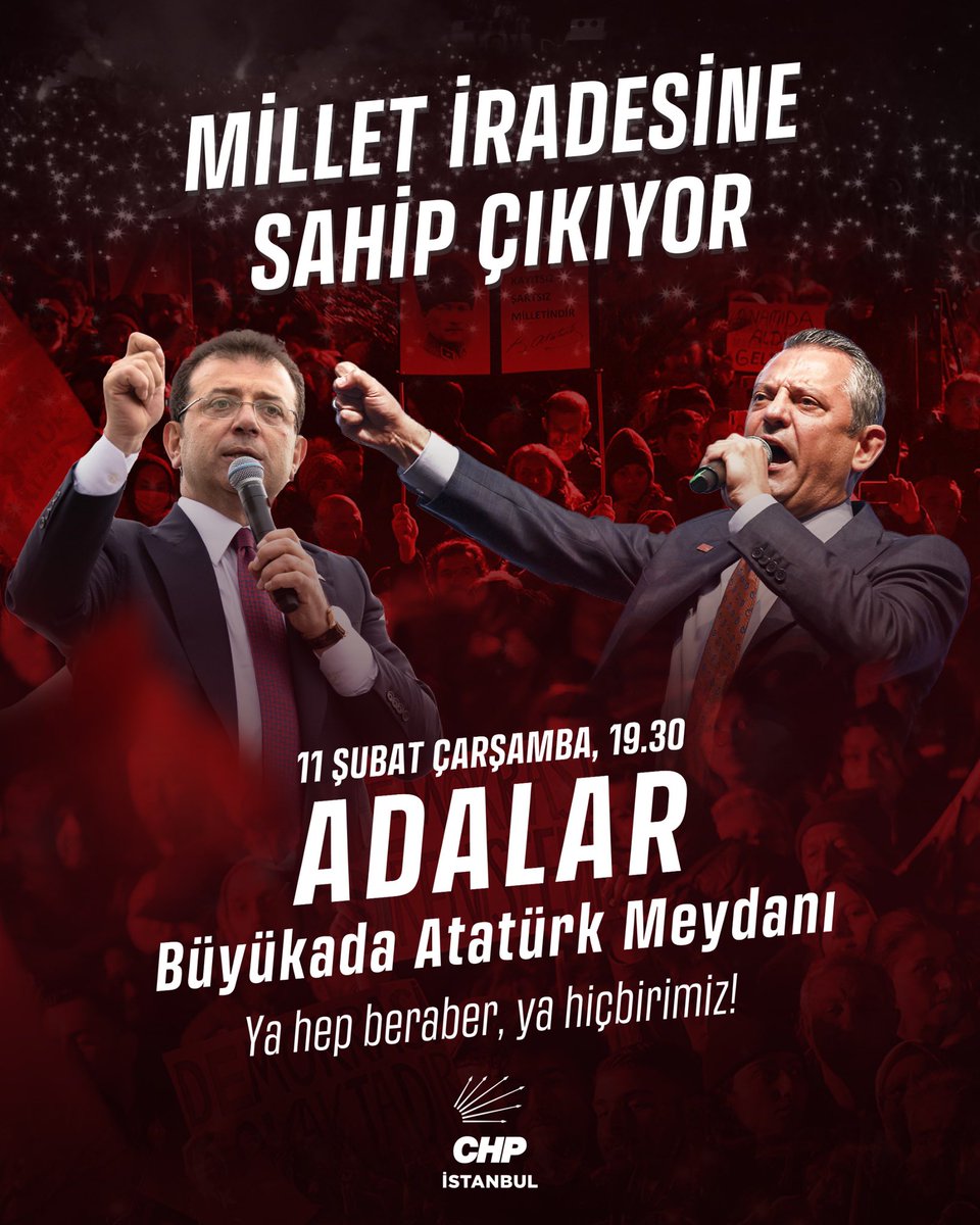 Ülkemizin geleceği, halkımızın iradesi için meydanlardayız. 

Haksızlığın karşısında dimdik duran Genel Başkanımız Özgür Özel öncülüğünde, Cumhurbaşkanı adayımız Ekrem İmamoğlu ve tüm yol arkadaşlarımız için buluşuyoruz.

📍 Büyükada Atatürk Meydanı
🗓️ 11 Şubat Çarşamba | 19.30