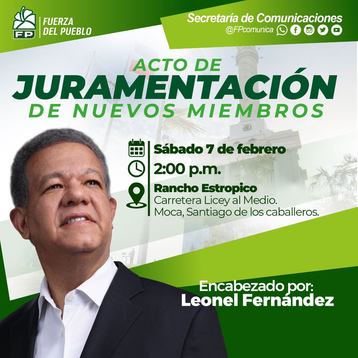 keylaReyna04's tweet photo. El presidente Dr. @LeonelFernandez el día de hoy sábado 7 de febrero agotará una agenda de trabajo de juramentaciones de nuevas personalidades que vienen a formar parte de la @FPcomunica 

La #FuerzaDelPueblo cada día crece y se fortalece 

#FuerzaDelPueblo 
#LeonelEnSantiago 
#LeonelEsVisión 
#FPCreceYSeFortalece 
#LeonelVuelve2028 
#FPComunica