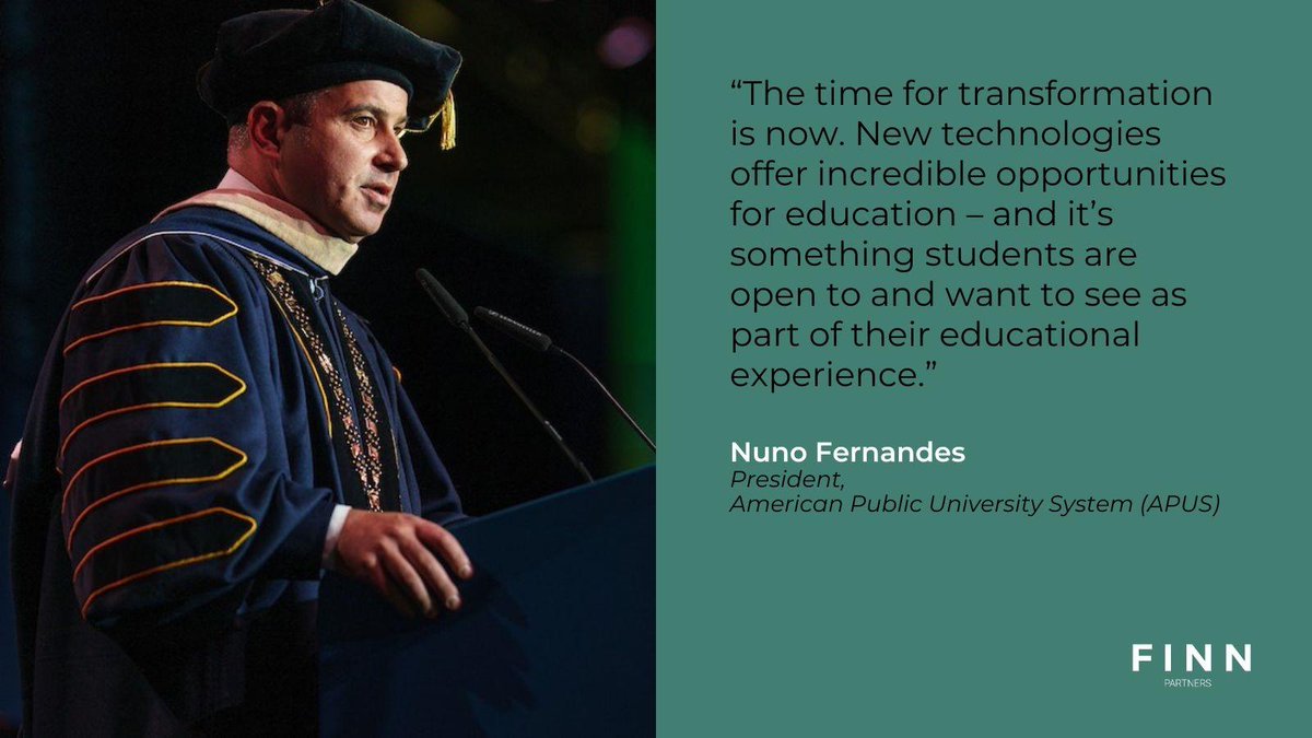 Jmiller387's tweet photo. Is your university ready for digital transformation? We are.
APUS President Nuno Fernandes sits down with FINN Partners' CMO Celia Jones to discuss how new technologies – including AI – can benefit students.
https://t.co/KYxCfct6bI

#AIinEducation #FutureOfLearning #APUSinsight https://t.co/tAhHvdEmvx