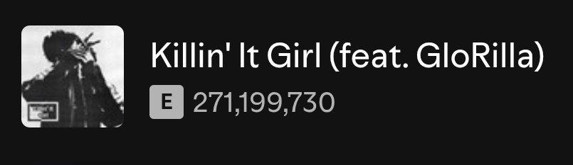 Killin' It Girl (feat. GloRilla) — Spotify

02/01 — 695,578 (-112,624)
02/02 — 827,177 (+131,599)
02/03 — 756,771 (-70,406)
02/04 — 785,446 (+28,675)
02/05 — 796,620 (+11,174)
02/06 — 735,322 (-61,298)🚨

Total: 271,199,730