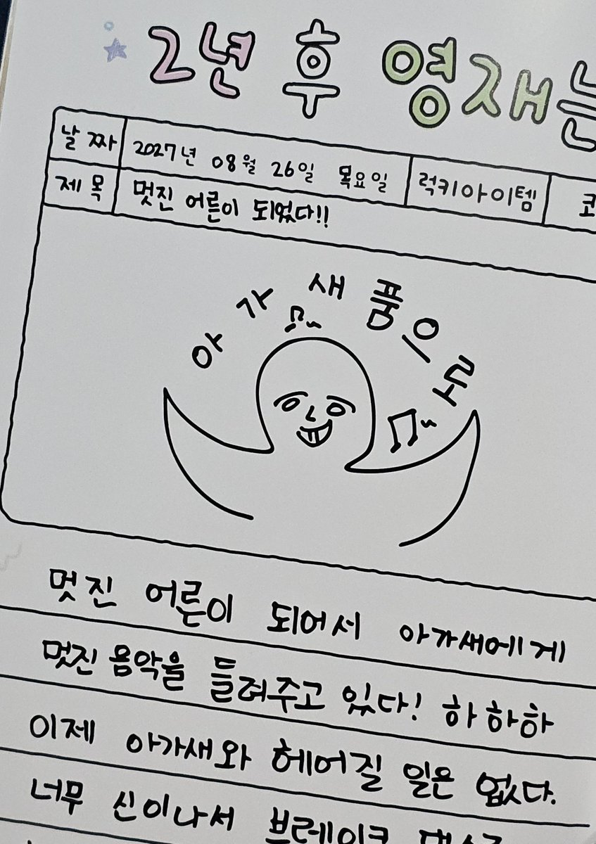 บันทึกถึงอนาคตหน้าสุดท้าย คือวันที่ยองแจออกจากกรม ปี 2027 เดือน 8 วันที่ 26 จะน้ำตาไหลก็ตรงที่เขียนไว้ว่า 

"이제 아가새와 헤어질 일은 없다."
 ( ต่อจากนี้ไปจะไม่มีเรื่องให้ต้องแยกจากอากาเซ่อีกแล้ว. ) 

😭💚 รักกันมากขนาดนั้นเลยล่ะ อยากเจอยองแจแล้ว ปี27 ได้ยัง 🥹 

#영재 #YOUNGJAE