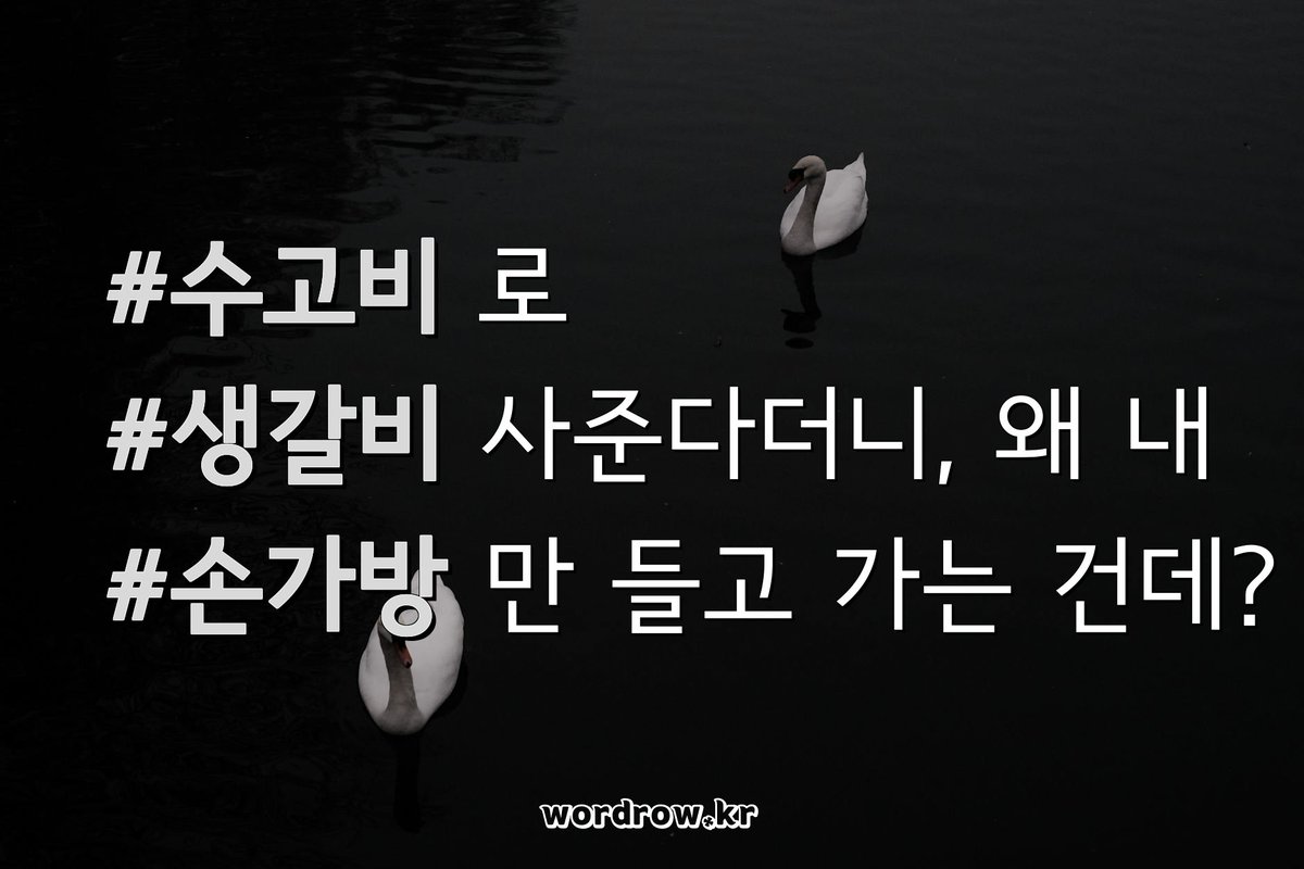 👩‍👦✨ 자식의 #상급반 을 위해 번 #생계비, 그 미소가 나의 유일한 #수고비.

🤣😂 #수고비 로 #생갈비 사준다더니, 왜 내 #손가방 만 들고 가는 건데?

'ㅅㄱㅂ' 초성 단어:
wordrow.kr/%EC%B4%88%EC%8…