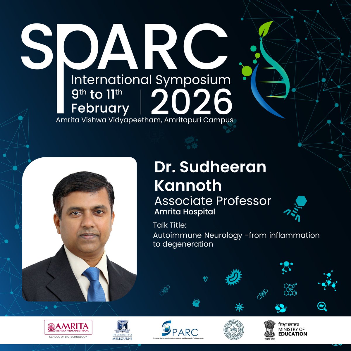 amritabiotech's tweet photo. Talks on immunity in Health and Disease are set to take place at the SPARC International Symposium 2026.

Titled: Autoimmune Neurology -from  inflammation to degeneration

#sparc #AmritaUniversity #AmritaHospitals https://t.co/OF8OGixrPn