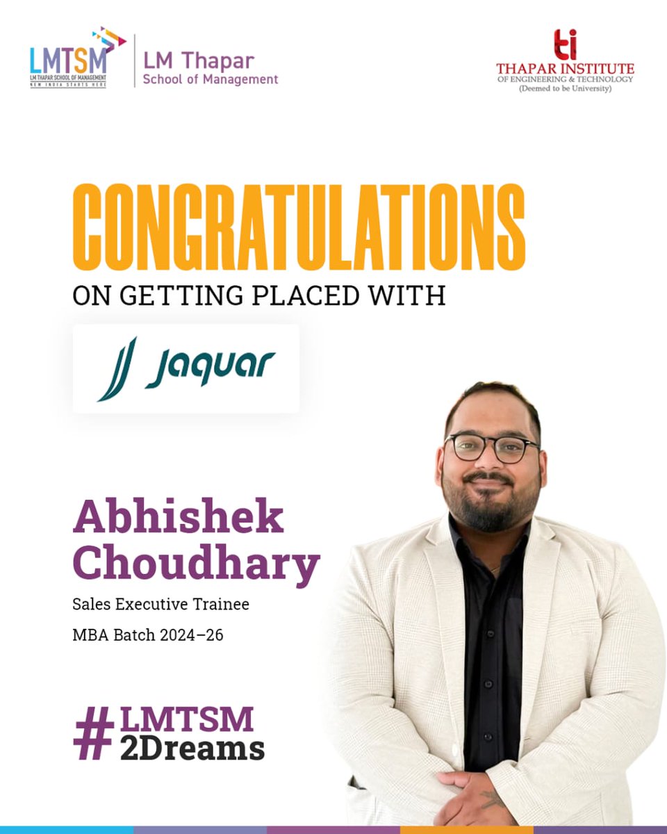 Abhishek Choudhary secures his spot at Jaquar Group! He joins the growing league of LMTSM students selected as Sales Executive Trainees this season.

Way to go, Abhishek! 

​#LMTSM #Jaquar #PlacementSuccess #Sales #MBA2026