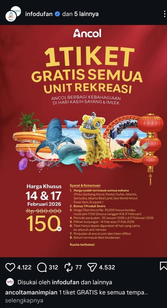 atari0909's tweet image. WTS Want To Sale
4 Tiket Ancol untuk tanggal 14 feb .
Alasan jual : bentrok sama jadwal kerja dadakan .
harga @145k .
#dufan #ancol #seaworld #atlantis