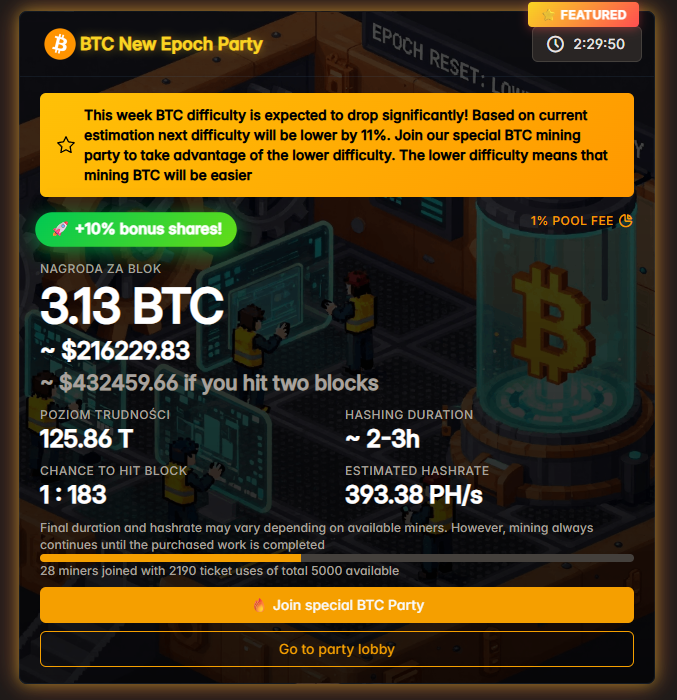 letsmineit's tweet image. 🚨Last minute! #BTC difficulty is expected to drop significantly! Based on current estimation next difficulty will be lower by ~13%. Join our special BTC mining party to take advantage of the lower difficulty. #letsmine #bitcoin 🚀🚀🚀