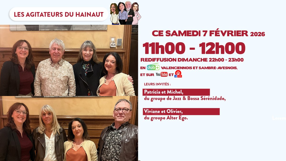Les Agitateurs du Hainaut - Samedi 7 février 2026 - #170
Émission musicale avec
Patricia et Michel du groupe de Jazz &amp; Bossa Sérénidade,
Et Viviane et Olivier du groupe Alter Égo.
cno-radio.fr/podcast-cno-11…