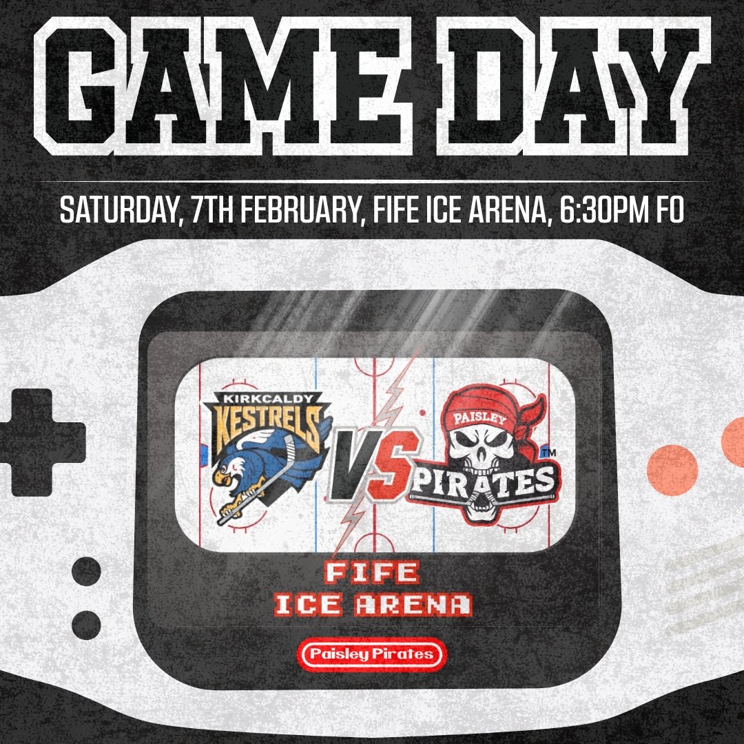 IT'S GAME DAY!! 

Kirkcaldy Kestrels V Paisley Pirates 

📍Fife Ice Arena
🏒 6.30pm Face Off 

🏴‍☠️ All travelling support welcome and appreciated, lets get behind our boys! 🏴‍☠️

#letsgopirates 

Graphic - Calum Wilson