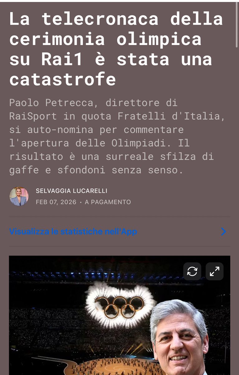 stanzaselvaggia's tweet photo. ….D’altra parte Petrecca ha un curriculum sportivo di tutto rispetto: vanta un’esperienza decennale in ossequi a Giorgia Meloni, disciplina di cui, va detto, è uno dei massimi rappresentanti italiani. Dopo numerose interazioni su Twitter da vero fan, diventa celebre per aver trasmesso, da direttore di RaiNews, 47 minuti ininterrotti della conferenza stampa con cui Meloni inaugurava i due centri migranti in Albania, cosa che gli fruttò una (ennesima) dura contestazione da parte del comitato di redazione di RaiNews ma, evidentemente, anche una bella pacca sulla spalla da parte di Giorgia. E quindi eccolo qui, in diretta su Rai1, in versione Bruno Pizzul a cinque cerchi, pronto ad accompagnarci lungo le tre (lunghissime) ore della cerimonia inaugurale. https://t.co/O2ZEEXFCHu