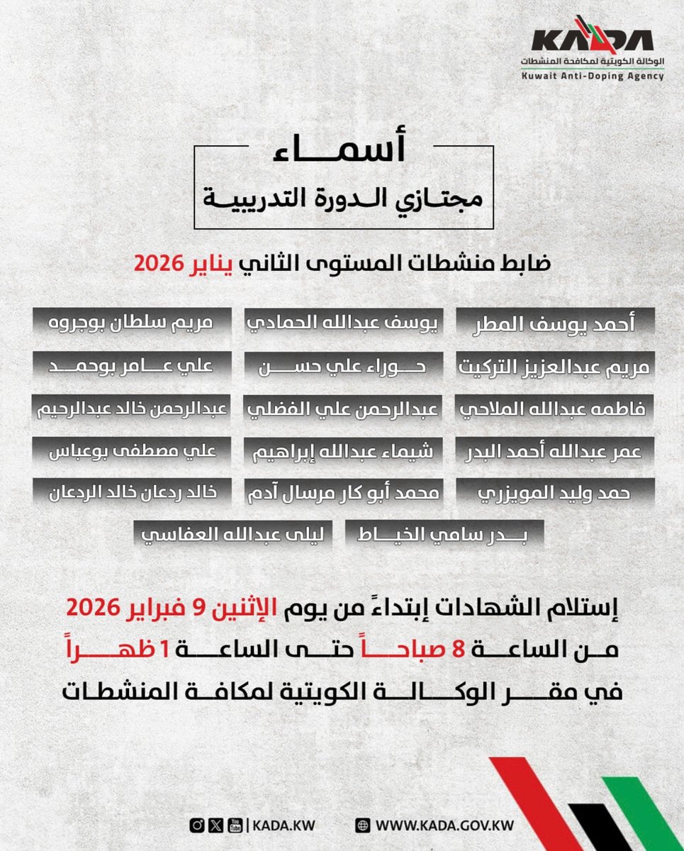 kada_kw's tweet photo. تعلن الوكالة الكويتية لمكافحة المنشطات عن أسماء مجتازي الدورة التدريبية ( ضباط منشطات المستوى الثاني ) كما سيتم استلام الشهادات في مقر الوكالة إبتداءً من يوم الأثنين الموافق ٩-فبراير من الساعه 8 صباحاً حتى الساعة 1 ظهراً https://t.co/aAr8qfJYwM