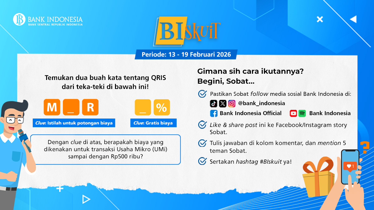 📢 Tebak kata berhadiah!!

#SobatRupiah, #BISKUIT kali ini temanya tentang biaya potongan transaksi QRIS untuk merchant Usaha Mikro (UMi). Kebijakan tersebut diluncurkan Bank Indonesia agar usaha mikro makin untung dan transaksi tetap aman., Yuk, #BeriMakna temukan jawaban