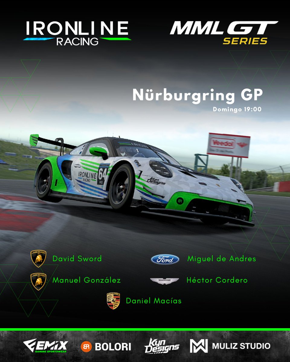 5ª cita de la GTseries, esta vez en el GP de Nürburgring, donde <a href="/DavidSwordRR/">David Sword</a> busca luchar por el campeonato a falta de dos carreras. A por todas!

Mañana a las 19:00h. Mucha suerte a todos!

<a href="/mml_racing/">MML RACING</a> 

#GTseries #Ironline
