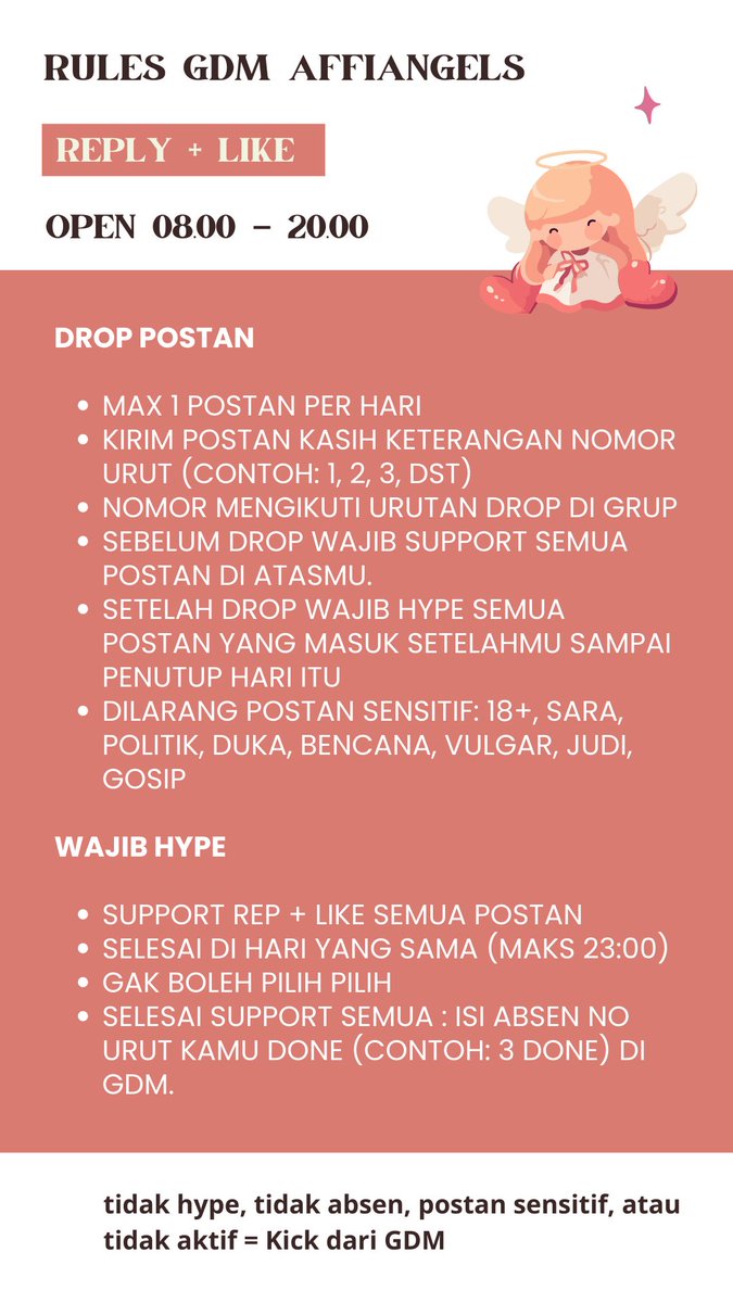 gitaxws's tweet image. OPEN GDM AffiAngels 👼🏻🪽 AFFILIATE REP + LIKE 

Rules:
1. Wajib Follow akun @gitaxws @ssyabr (agar bisa di inv)
2. Folls min 100
3. RT &amp;amp; LIKE tweet ini
4. komen “minat join”

t. affiliate gdm hype