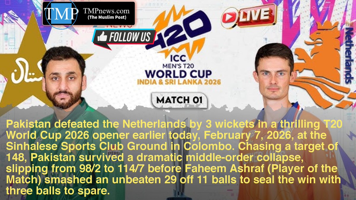 TMPnewsAgency's tweet photo. #Pakistan defeated the #Netherlands by 3 wickets on February 7, 2026, in their T20 World Cup opener. Chasing 148, Pakistan recovered from 114/7 to win with three balls to spare, fueled by Faheem Ashraf’s unbeaten 29 off 11 balls.
#icct20worldcup2026 #PAKvsNET #ICCT20WORLDCUP https://t.co/YyVcn2TVXb
