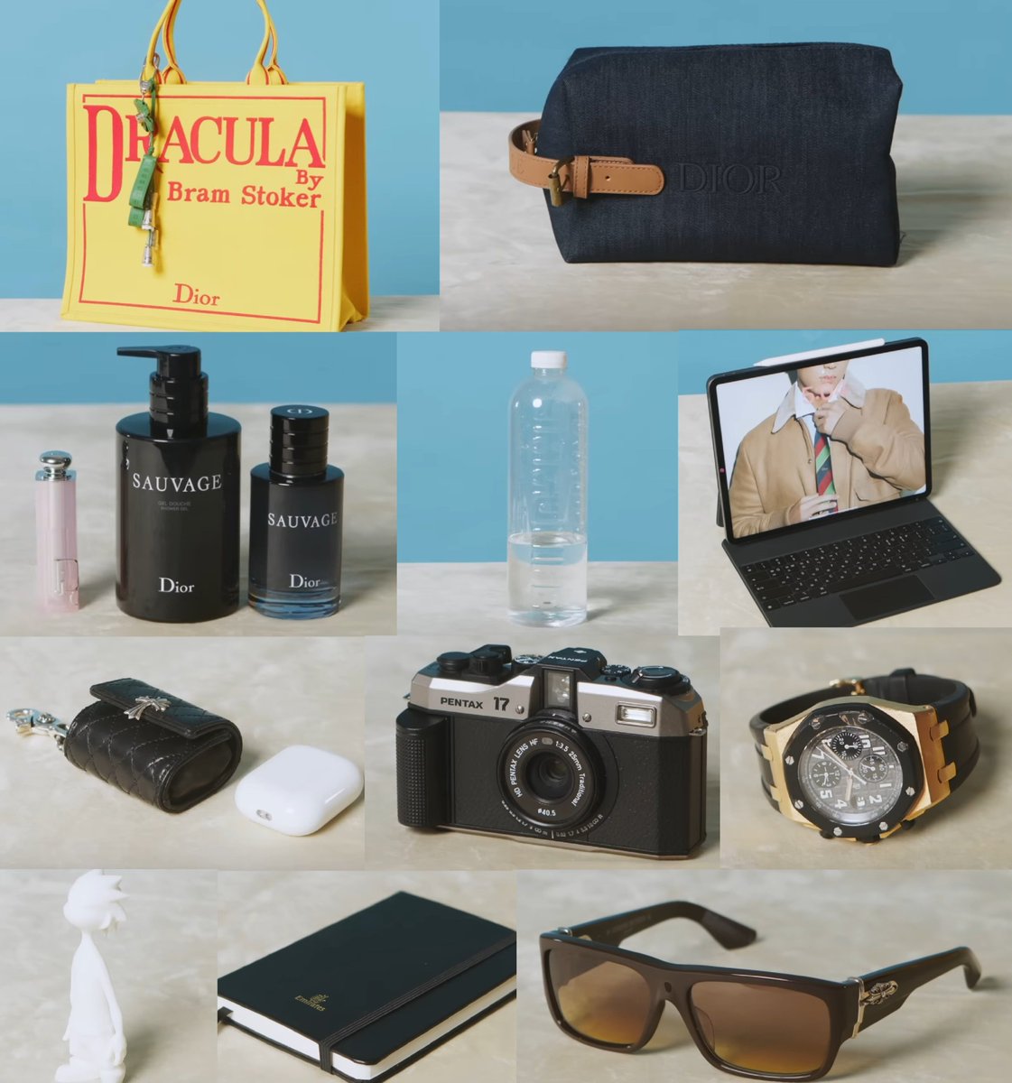 mingyu's essentials: 2025 edition #MINGYU #민규 

• dior bag
• dior beauty pouch
• dior beauty grooming set
• immunif mineral water
• ipad
• chrome hearts earphone case
• chrome hearts sunglasses
• mante
• pentax 17 half-frame film camera
• audemars piguet watch
•