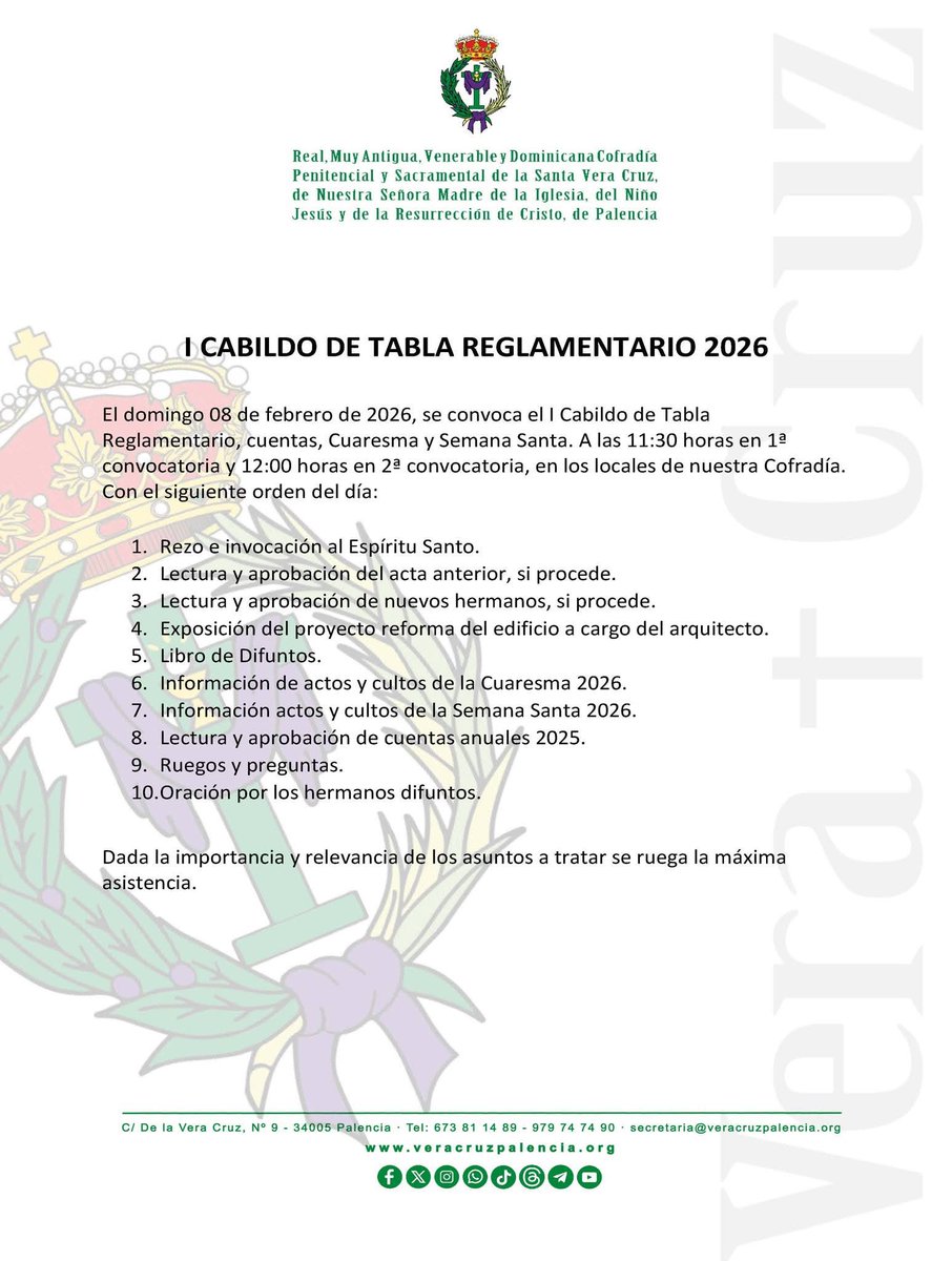 ℹ️ I Cabildo de Tabla Reglamentario

El domingo 8 de febrero, se convoca a todos los hermanos de esta Cofradía al I Cabildo de Tabla Reglamentario de 2026. 

📆 08 de febrero
🏠 Cofradía de la Santa Vera Cruz
🕑11.30h. en 1ª Convocatoria
🕑12.00h. en 2ª Convocatoria