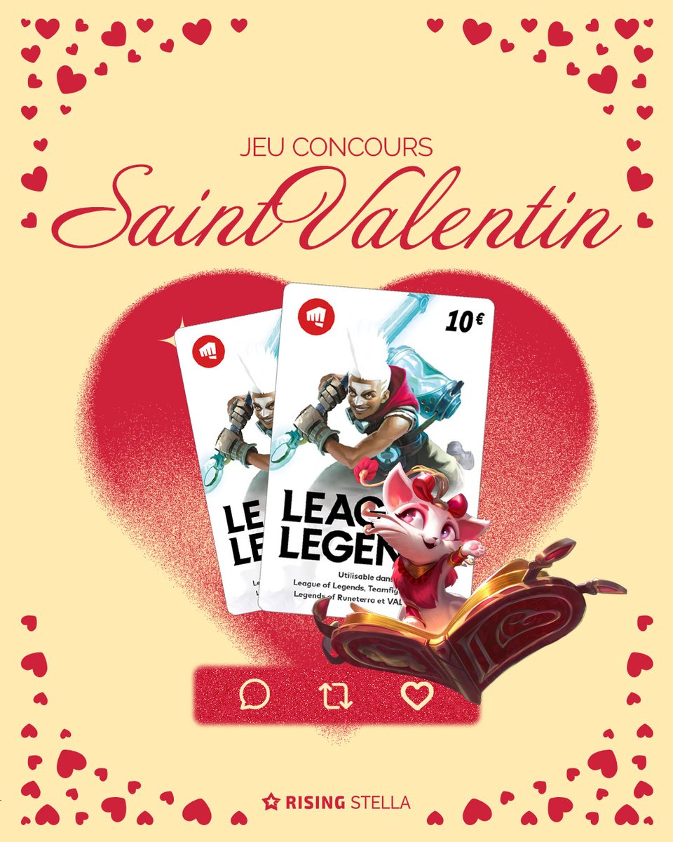 RisingStella_'s tweet photo. SAINT-VALENTIN SPECIAL 💝

Cette Saint-Valentin, on célèbre VOS duos.
Parce que l'amour, c'est aussi partager sa passion...

À GAGNER : 2 x 10€ de Riot Points 💎

Un pour vous, un pour votre crush/duo/bestie qui vous carry depuis toujours 💜

COMMENT PARTICIPER ?

💕 Follow @RisingStella_ 
💕 RT + Like ce post 
💕 Tag ton duo en commentaire

Parce que jouer ensemble, c'est encore mieux.

🌹Tirage au sort le 14 février à 20h. Bonne chance ! ✨