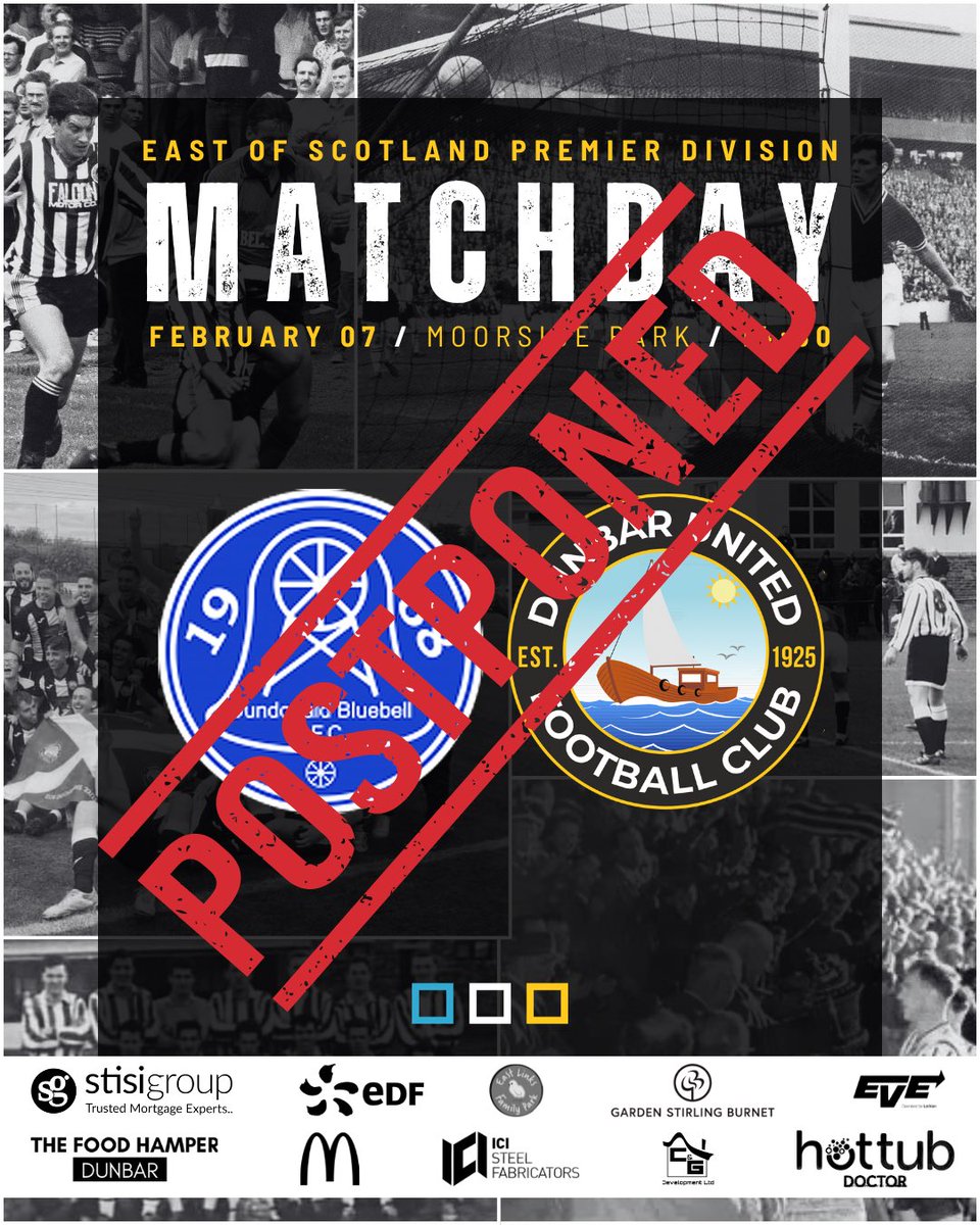 DunbarUtd's tweet photo. ‼️ | MATCH POSTPONED
Today’s game vs Dundonald Bluebell at Moorside Park has been called off due to a waterlogged pitch. Updates on the new date will follow. 🖤🤍
#DunbarUnited #TheSeasiders #DUFC #MatchPostponed https://t.co/yk0Qt6uMue