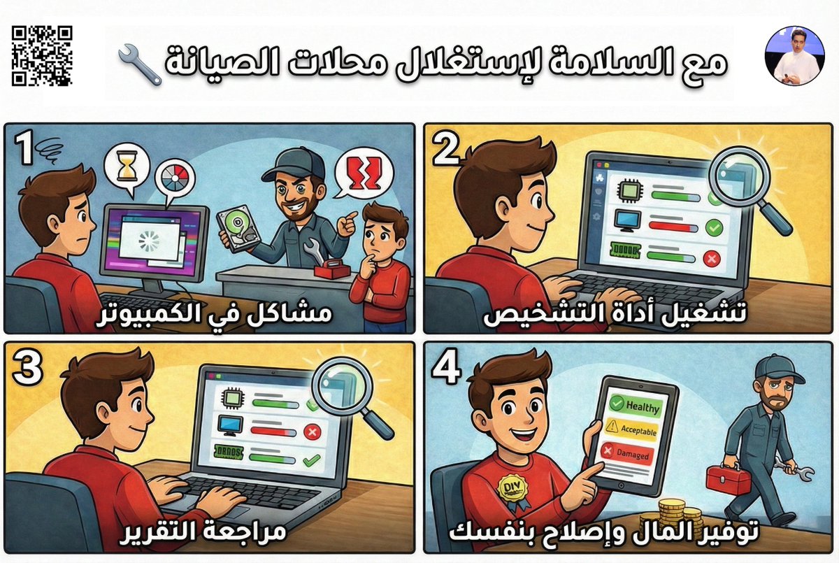 alosefer's tweet photo. مع السلامة لإستغلال محلات الصيانة😇

جهازك بطيء ويعلق؟ انتبه توديه محل ويقولك الهاردسك خربان وهو سليم عشان ياخذ فلوسك💸
نزل هذي الأداة المجانية، تسوي فحص شامل لكل قطعة بجهازك (معالج، شاشة، رامات) وتعطيك التقرير النهائي بالأرقام هل القطعة سليمة أو مقبوله او تالفة؟

افحص بنفسك ووفر قيمة الفحص وبدون أي خبرة تقنية، انت خبير صيانة الآن💪
https://t.co/pkTISb7cMX