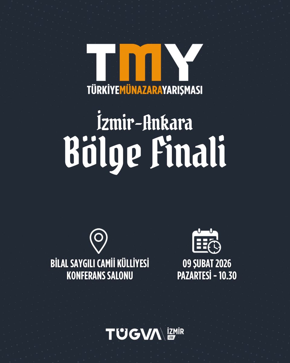 TMY Türkiye Münazara Yarışması İzmir–Ankara Bölge Finali başlıyor.
Sözün gücü, fikrin derinliği ve gençliğin hitabeti bu sahnede buluşuyor.

📍 Bilal Saygılı Camii Külliyesi
📅 9 Şubat 2026 | 🕥 10.30