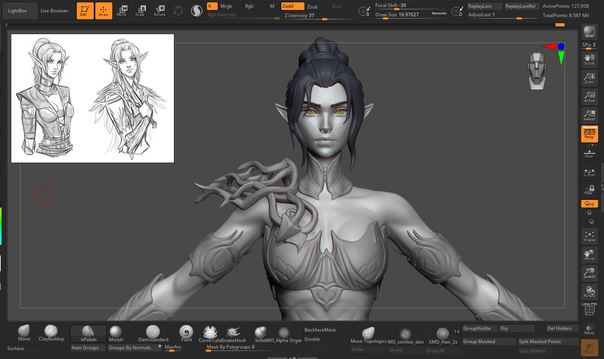 Splanyic's tweet image. Showing a bit of what I’ve been working on in my free time. I was sculpting the shoulder pads and some smaller details. Thinking that if her right hand holds a dagger, I might hide the left one behind leaves🌛
#3D #art #divinity2 #zbrush #WIP