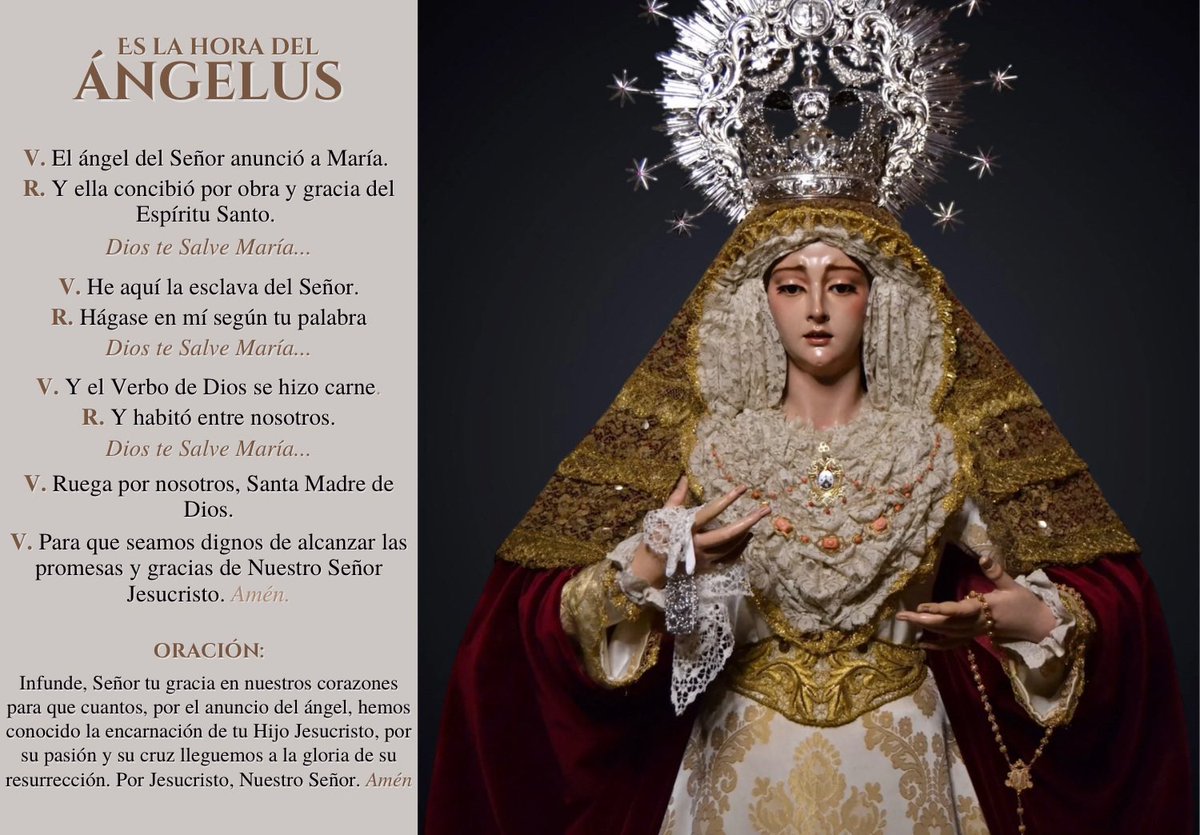 🕛 ÁNGELUS | Te invitamos a rezar el Ángelus a las 12:00h y a poner en manos de la 𝐒𝐚𝐧𝐭𝐢́𝐬𝐢𝐦𝐚 𝐕𝐢𝐫𝐠𝐞𝐧 𝐝𝐞𝐥 𝐂𝐚𝐫𝐦𝐞𝐧 tus intenciones.

“El Ángel del Señor anunció a María…”