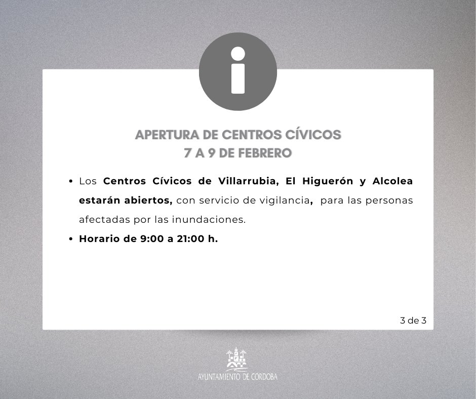 ℹ️ Información de interés para las familias afectadas por las inundaciones
🏡 Acceso excepcional a viviendas.
🚌Servicio de autobuses habilitado entre Vistalegre y los CC.CC.
👨‍👧Centros Cívicos abiertos.

#AyuntamientodeCórdoba