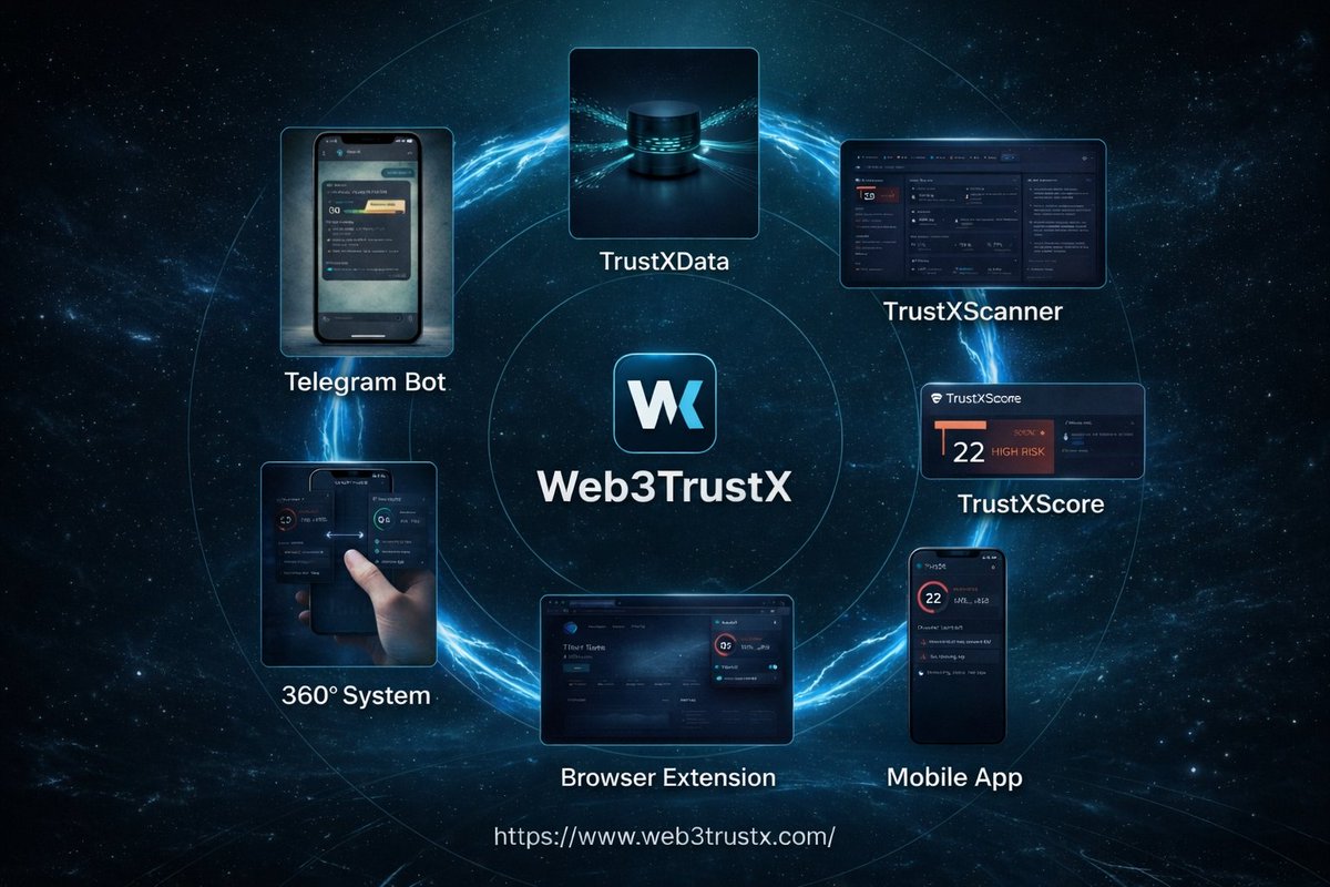 🚀 Web3TrustX · Phase 1 is live

This image shows the first development phase of the Web3TrustX ecosystem:
data infrastructure, risk analysis, scoring, mobile app, browser extension, Telegram bot, and a connected 360º system.

Built to understand what you’re interacting with