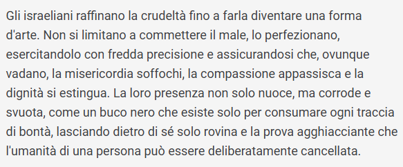 Nel tweet citato, la testimonianza del fratello di Saleh Aljafarawi su come venivano torturati e umiliati i prigionieri palestinesi durante il Ramadan.

Qui, la traduzione dell'unico commento possibile.